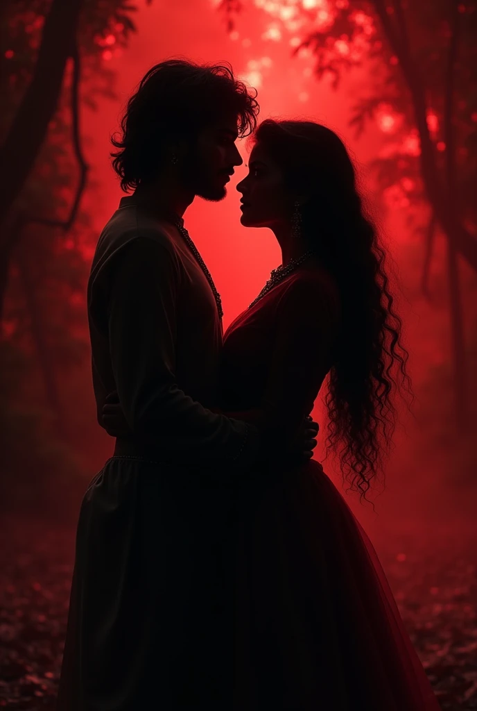 A couple would be there as shadow only. Man is young, beardless, hair till jaw. Girl hair till her hips, curly. Both beautiful should look like indian prince and princess. Shadowed. Theme dark red like rose and black. They are indian prince and princess. N...