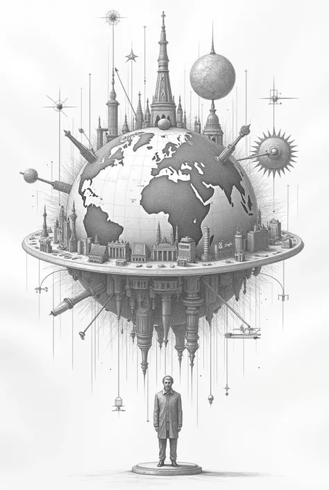 Draw me a pencil sketch a visual representation of the modern world system simple that indicates how the world function 