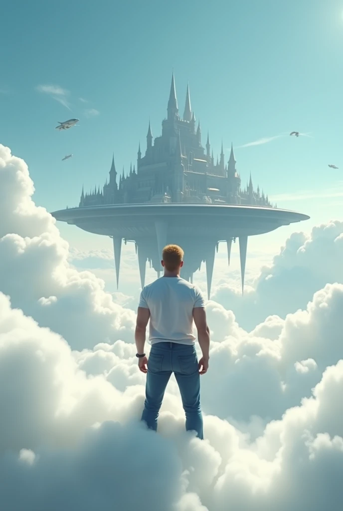 A cinematic medium shot of a athletic 46yr old man with strawberry-blonde hair wearing a t-shirt and jeans. Strong cinematic posture, back to the camera. He is standing knee-deep in clouds, between fluffy sunset clouds and looking at a magnificent fantasy ...