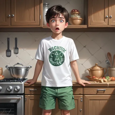 score_9, score_8_superior, score_7_superior, score_6_superior, score_5_superior, score_4_superior, super realistic),(alone, shota boy, age 15, (detailed eyes, detailed face, wearing a white t-shirt and green shorts), standing, shocked, cover the genitals i...