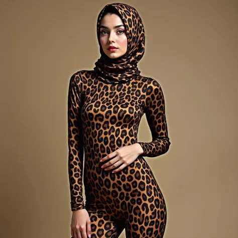 The most beautiful,thin,most pretty and clever Asian muslimah adult girl wears jaguar print lycra turtleneck unitard catsuit covered with spots.She always wear jaguar print lycra dancewear stretchy square hijab covered with many spots.