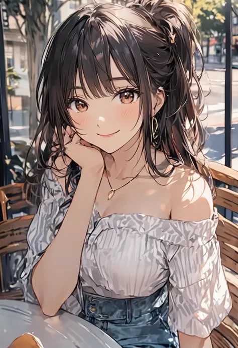 A high-resolution, 4K upper body portrait of a beautiful 20-year-old woman with a happy smile, detailed skin, and clear eyes. She has long, messy black hair with bangs and dark brown eyes with slight dark circles, looking directly at the viewer. The image ...