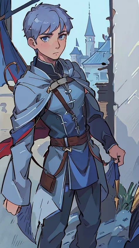 1 boy, archer blue short hair, синие короткие волосы parted in the middle, short hair men, without a beard, beardless, NO FACIAL HAIR, Archer style costume, Dark Cape, palace corridor, uniform, Connection, bluish