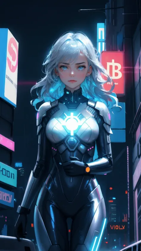 A powerful, emotional scene of a beautiful girl in a futuristic, silver metallic superhero suit, tears streaming down her face like blue neon lights. She stands in the center of a vibrant, bustling cyberpunk city at night, illuminated by bright, glowing sk...