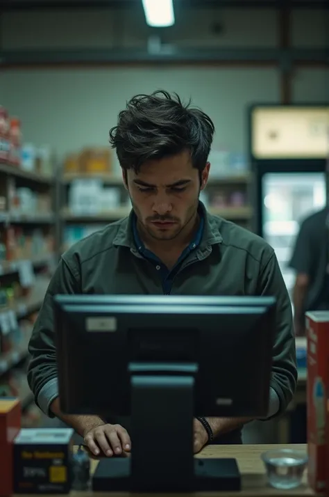 Young man who is depressed at work behind the cash register at the store 