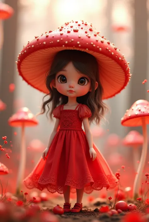 Small size red mashroom girl  light white douts  and red colour dress 