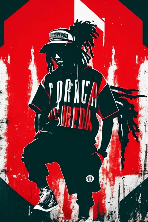 A background filled with scattered musical notes in various sizes and colors、

Creative logo illustration of a silhouette with dreadlocks and red headphones, 
Banksy、
A background completely filled with scattered musical notes in various sizes and colors, ...