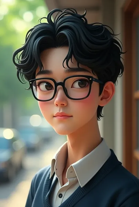 A high school boy wearing glasses, black hair, black eyes, tall, good looking, fair skin, Chinese eyes, a nerd, good at studying, square black glasses.