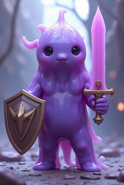 ((Highest quality)), ((masterpiece)), (detailed),Gel-like creatures、Purple、No limbs、Holds a hero&#39;s shield in one hand and a hero&#39;s sword in the other、Her face is cute