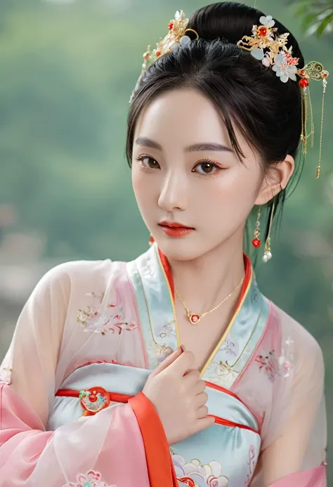 Photographic, Realistic,
Modelshoot, HD,
(Chinese girl), (Chinese model),
upper body, Eyebrows are neatly arranged,
The tip of the chin is rounded,
The forehead is wide, the protrusion is rounded, smooth and beautiful), leg, (Hanfu), queen, Cosplay photo, ...