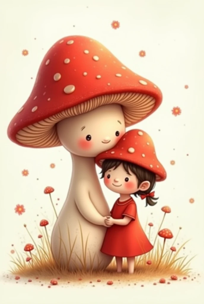 Small size red mashroom mom with baby girl  light white douts  and red colour dress 