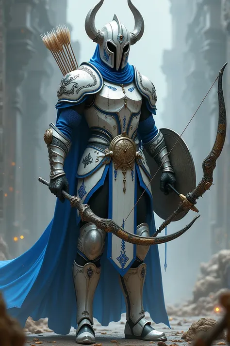 Personnage inspiré dun seigneur de la balance avec une casque avec un symbole de la balance une armure avec des motifs bleu claire mélanger a du blanc avec des point noir avec un symbole de la balance déçu sont armure uj arc de métal argenté mélangé a du b...