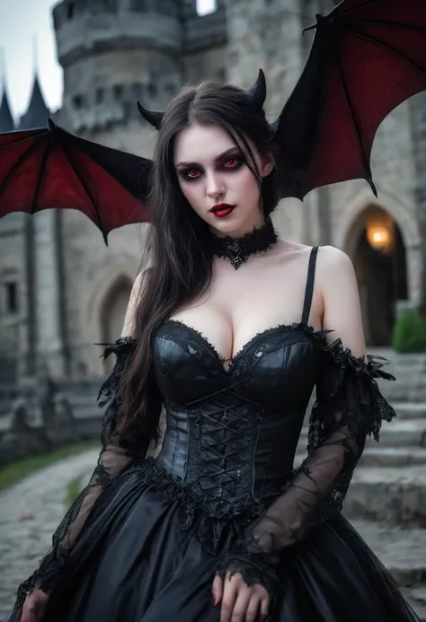 Very young girl, young girl, very young teen, Young lively teen girl undergoing a transformation into an evil demonic Vampire, female, long dark hair, pasty pale ghastly skin, red eyes, vampire fans, very long canine teeth becoming fangs, elegant flowing r...