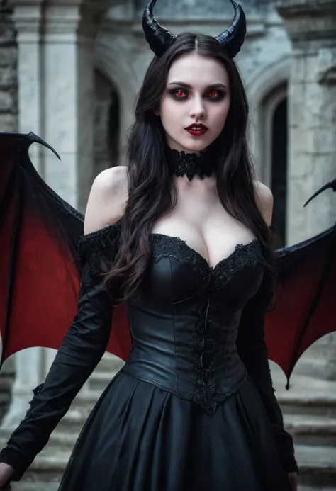 Very young girl, young girl, very young teen, Young lively teen girl undergoing a transformation into an evil demonic Vampire, female, long dark hair, pasty pale ghastly skin, red eyes, vampire fans, very long canine teeth becoming fangs, elegant flowing r...