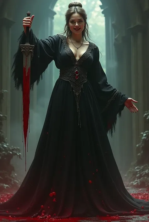 Beautiful, evil cult leader with brown hair tied in a bun. Dark red lips curled up into a smile. Black blood stained robes tight against her perfect body. A bloody dagger in her hand as she completes another ritual sacrifice of a superhero. 