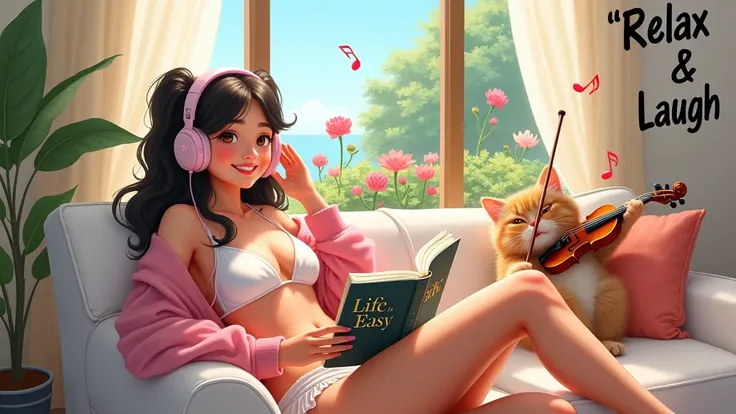 a very cute girl, ,Smiling Chi ,wearing white bikini, Pink sheer fabric jacket relaxing on love seat, music headphones, and read a book titled “Life is easy”. There are three little birds singing musical notes by the window.. From the window looking out is...