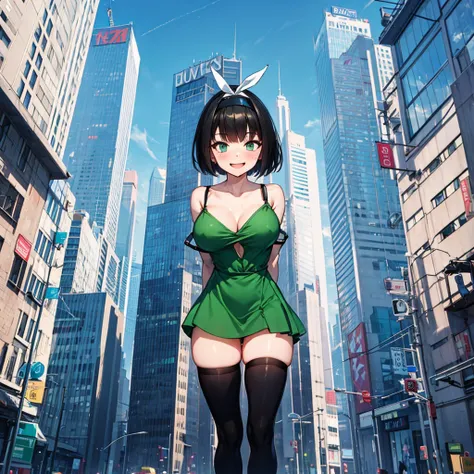 (solo), (1 skinny girl standing), arms behind back, swaying back, (tight-fit black thighhighs), collarbone, BREAK, yellow hairband, green dress with shoulder straps, (white shirts under dress), glass-walled skyscrapers in distance, BREAK, (long skinny legs...