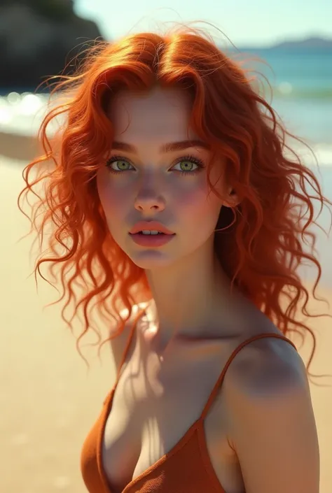 arafed Woman with red hair and green eyes on the beach, A digital representation, inspired by Kaja Foglio, shutterstock contest winner, Photo-realism, curly copper colored hair, Curly red hair, with Curly red hair, a red-haired young woman, rothaarige Frau...