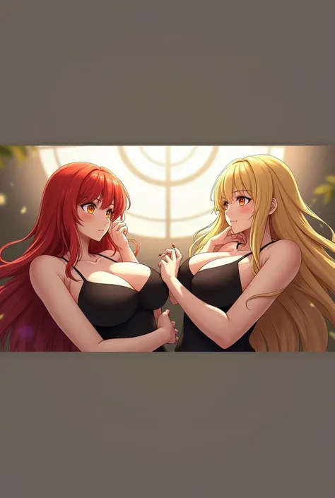 Extra large breasts, Marin Kitagawa long blonde hair with red streaks with her lower half being Makima from Chainsaw man red hair orange spiral eyes, both girls blushing 