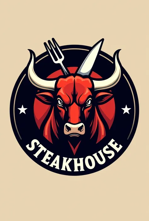 The steakhouse brand has a bull&#39;s head in a circle with the word steakhouse in the brand and a steak knife and fork crossed behind in the middle, giving the image a striking color.