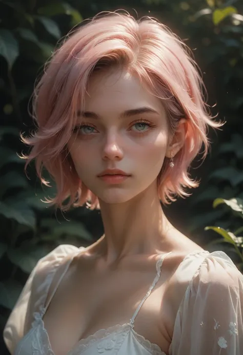 arcanevi, a woman with medium short pink hair wearing a white dress, female face, unreal engine character art, portrait