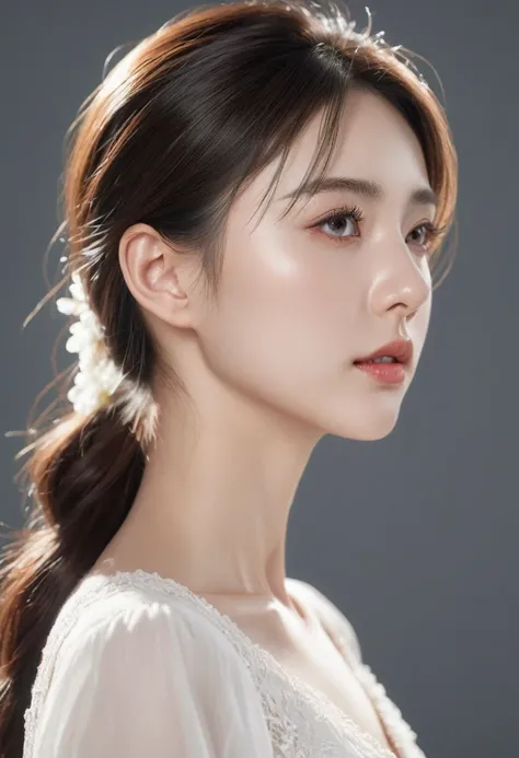 ((best quality, 8k )),  Young and cute profile woman, realistic, side view, portrait, extremely realistic, very detailed, very detailed skin, high quality, white dress,very detailed skin, high quality, delicate eyes, double eyelid,