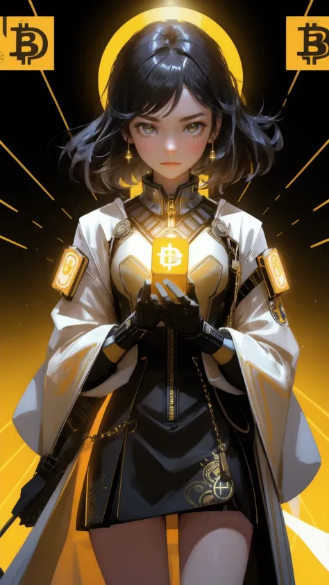 A striking visual of a beautiful girl in a futuristic sci-fi setting, surrounded by floating Bitcoins and digital symbols. She holds an ornate, glowing Bitcoin wallet in her hands, symbolizing Satoshis Lost Wallet. The scene is set against a radiant yellow...