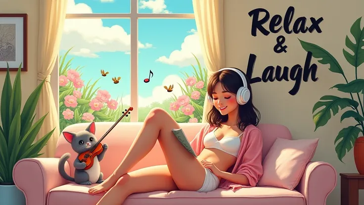 a very cute girl, ,Smiling Chi ,wearing white bikini, Pink sheer fabric jacket relaxing on love seat, music headphones, and read a book titled “Life is easy”. There are three little birds singing musical notes by the window.. From the window looking out is...