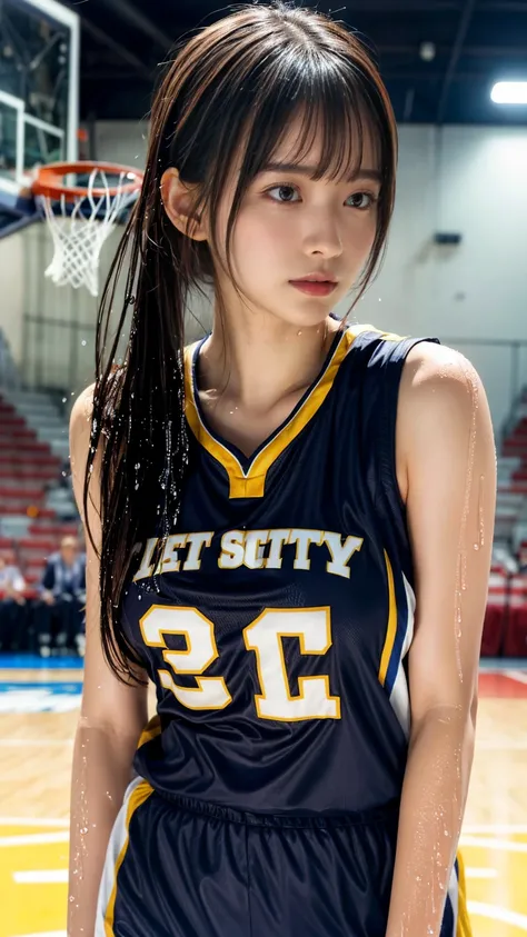 Highly detailed CG Unity 8k wallpaper, of the highest quality, super detailed, masutepiece, Realistic, photographrealistic, extremely detailed cute girl, 2, ,, Upper body , ,Colossal tits,Black eyes,shiny basketball uniform,Wet with water