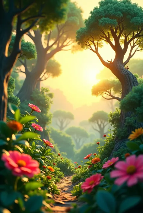 In cinematic 3d cartoon style"A colorful jungle environment filled with lush greenery and vibrant flowers, set during a golden hour with warm sunlight filtering through the trees
