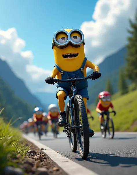 Minion Kevin black bike in bike race uphill mountain. Many other contestants run behind the Bicycle 