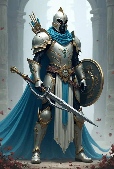 Personnage inspiré dun seigneur de la balance avec une casque avec un symbole de la balance une armure avec des motifs bleu claire mélanger a du blanc avec des point noir avec un symbole de la balance déçu sont armure uj arc de métal argenté mélangé a du b...