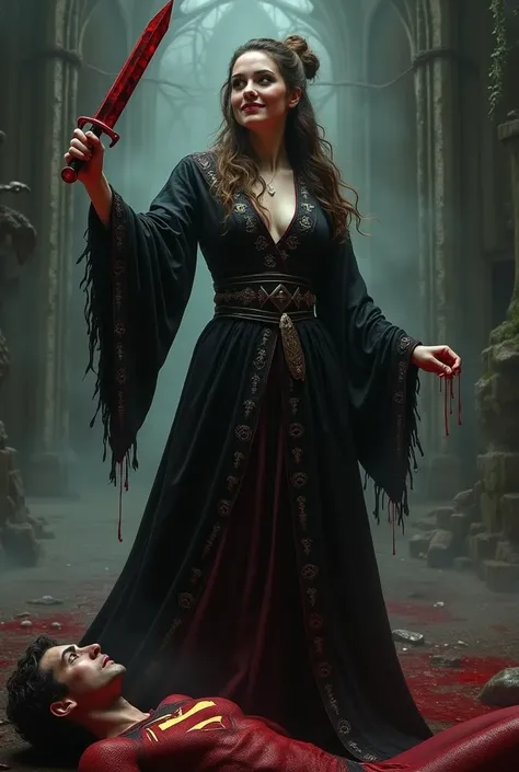 Beautiful, evil cult leader with brown hair tied in a bun. Dark red lips curled up into a smile. Black blood stained robes tight against her perfect body. A bloody dagger in her hand as she completes another ritual sacrifice of a superhero. 