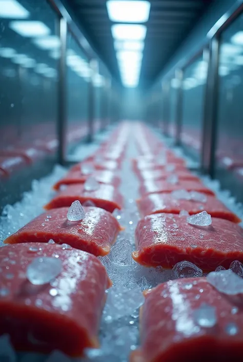 The meat is packed in bags, placed in ice boxes and transported in refrigerated trucks with ice and cold vapor floating on it.