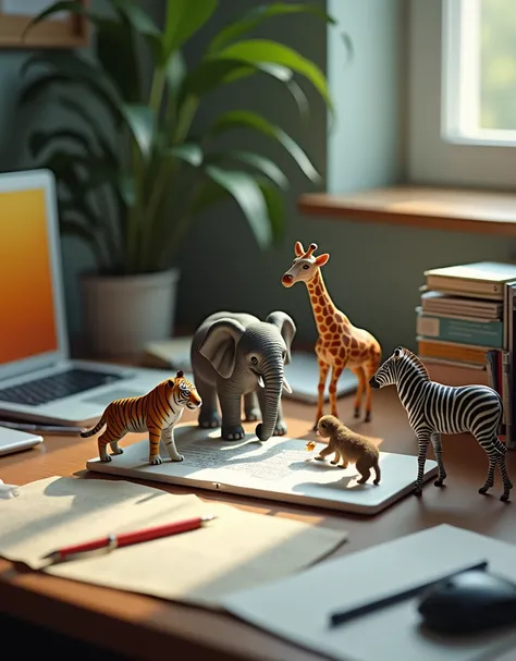 Create an image of an office desk with a realistic setup, including a macbook, mouse, smartphone, writing tools, and scattered sheets of paper. Among these everyday items, place incredibly small, lifelike animals, such as an elephant, tiger, monkey, zebra,...