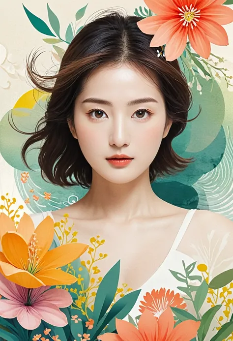 Nature and Flowers々On an abstract background with a motif、This is a work depicting the upper body of a woman.。The woman&#39;s expression is calm.、Her long hair is beautifully spread out。The costume is expressed in a gradation of yellow and blue.、The overal...