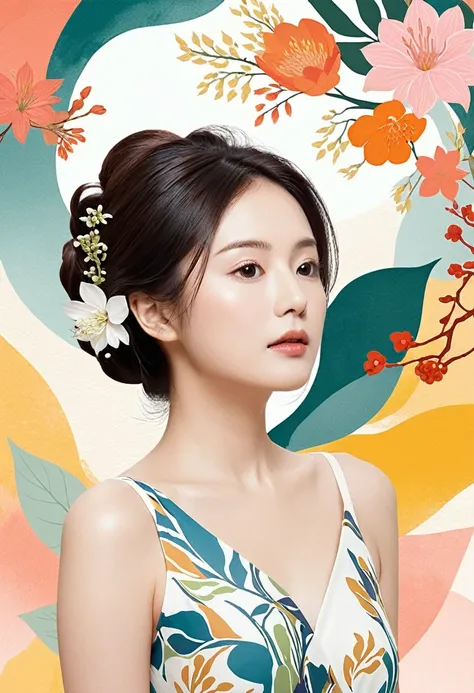 Nature and Flowers々On an abstract background with a motif、This is a work depicting the upper body of a woman.。The woman&#39;s expression is calm.、Her long hair is beautifully spread out。The costume is expressed in a gradation of yellow and blue.、The overal...