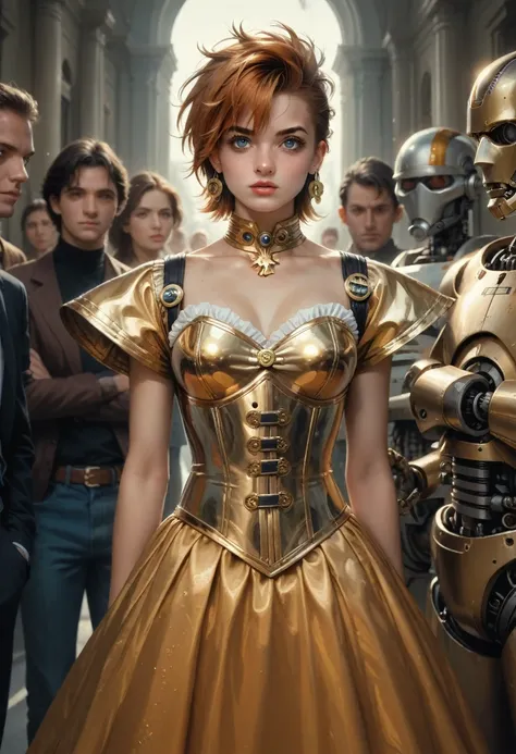 a close up of a woman in a corset dress with a bunch of people, les edwards poster art, golden and copper armor, mech, seventies, face like ester exposito, 1 9 7 0 s female alive, key frame, dollpunk, band of gold round his breasts, barbarella, metalic, me...