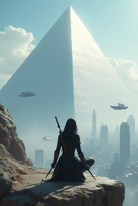 Hyper realistic, Ultra Detail, Best Quality, A small look of Assasin Girl wearing black and tight clothes, squat in the edge of cliff, she have two daggers put cross in her back waist, looking from a far away distance a Gigantic Pyramid. The Pyramid is sup...