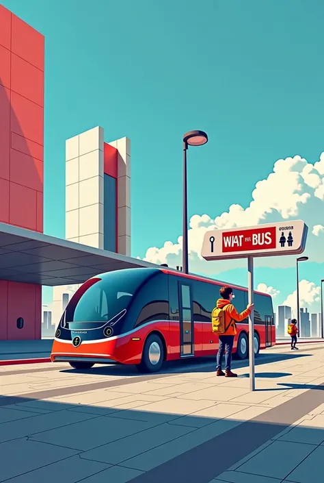 a humorous illustration of a person with a "waiting for bus" sign, futuristic self-driving electric bus, sleek modern architecture, minimalist urban landscape, vibrant colors, 4k, 8k, highres, masterpiece, ultra-detailed, realistic, photorealistic, photo-r...