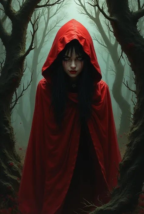 Portrait du petit chaperon rouge en méchante dans une forêt 