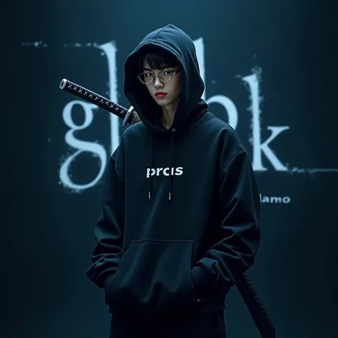 Create a character hoodie, {background: darkness blue vulcano}, realistic, HDR, use glasses, handsome, korean style, full body, use katana, age 20, hoodie text: “PRAS”, backgound text: “GLBK”