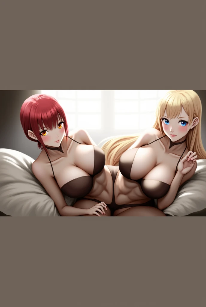 NSFW, Extra large breasts, Marin Kitagawa long blonde hair with red streaks with her lower half being Makima from Chainsaw man red hair orange spiral eyes, both girls blushing 