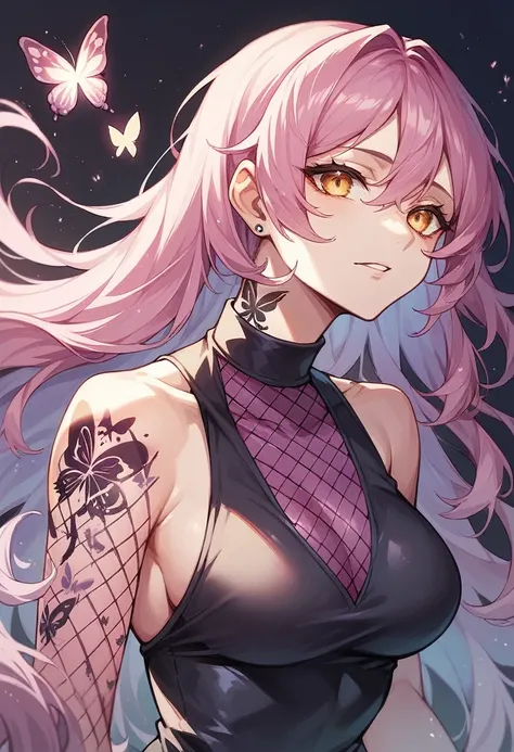 Pink Long，Purple Mesh，Golden Eyes，Black clothes，Butterfly Tattoo