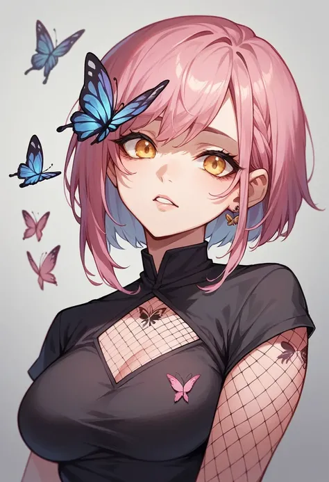 Pink Long，Purple Mesh，Golden Eyes，Black clothes，Butterfly Tattoo