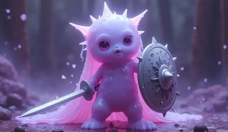 ((Highest quality)), ((masterpiece)), (detailed),A gel-like, disintegrating creature、Purple、No limbs、Holding a metal hero&#39;s shield in one hand and a metal hero&#39;s sword in the other、Her face is cute、One person、
