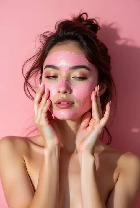 Creative and aesthetic Shoot  with pink or white background of female model with props applied rose mud face mask pink to red colour . Use props in hands in pictures