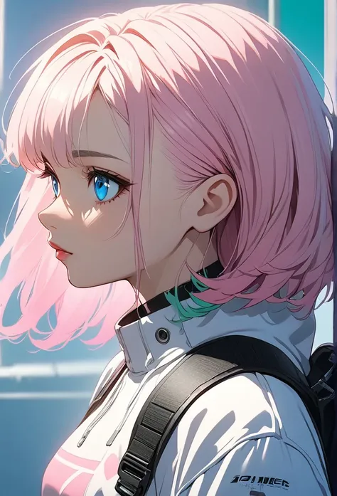 woman, Realistic characters, Green hair and pink hair, blue eyes, anime, alone, Modern, cyber punk