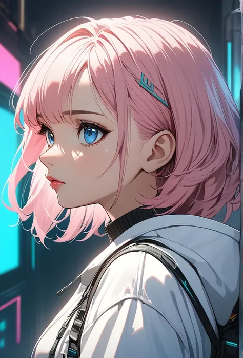 woman, Realistic characters, Green hair and pink hair, blue eyes, anime, alone, Modern, cyber punk