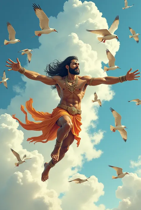 Hanuman is flying with birds.